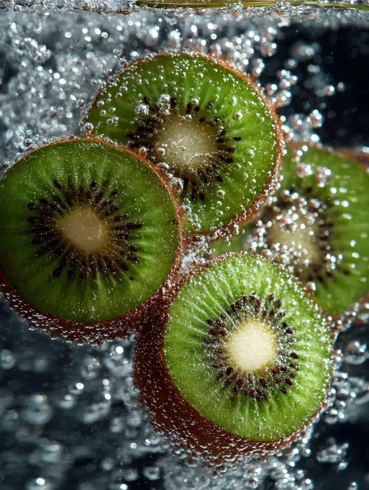 Kiwi Slices in Sparkling Water Macro Shot