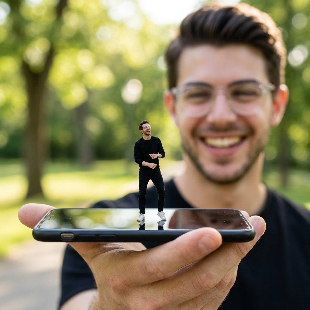 Forced Perspective Miniature Self on Smartphone Screen