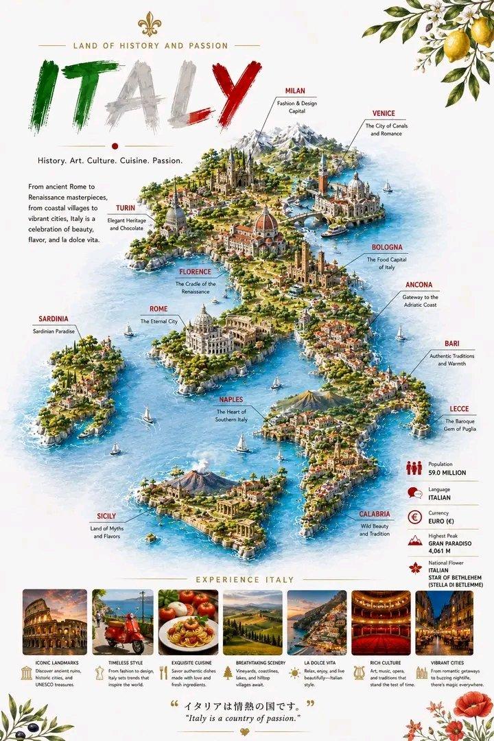 Detailed 3D Travel Infographic Map of Italy
