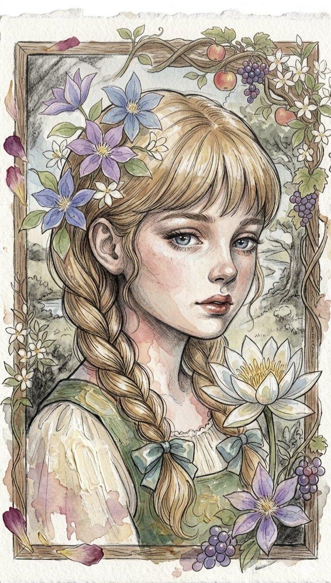 Watercolor Floral Portrait of a Girl