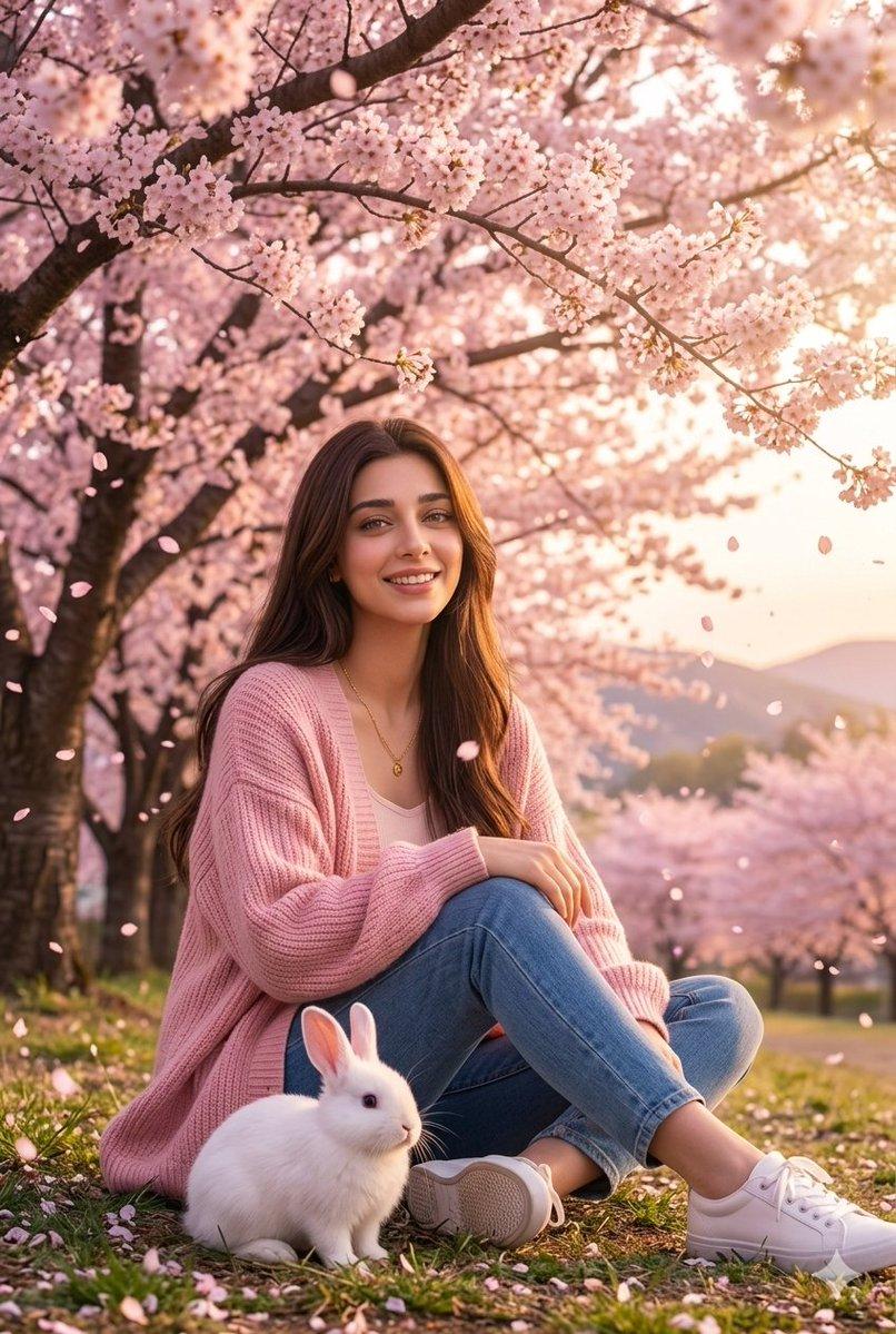 Woman with Rabbit in Cherry Blossom Garden