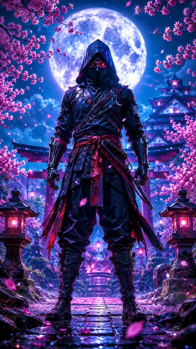 Ninja in Cherry Blossom Garden