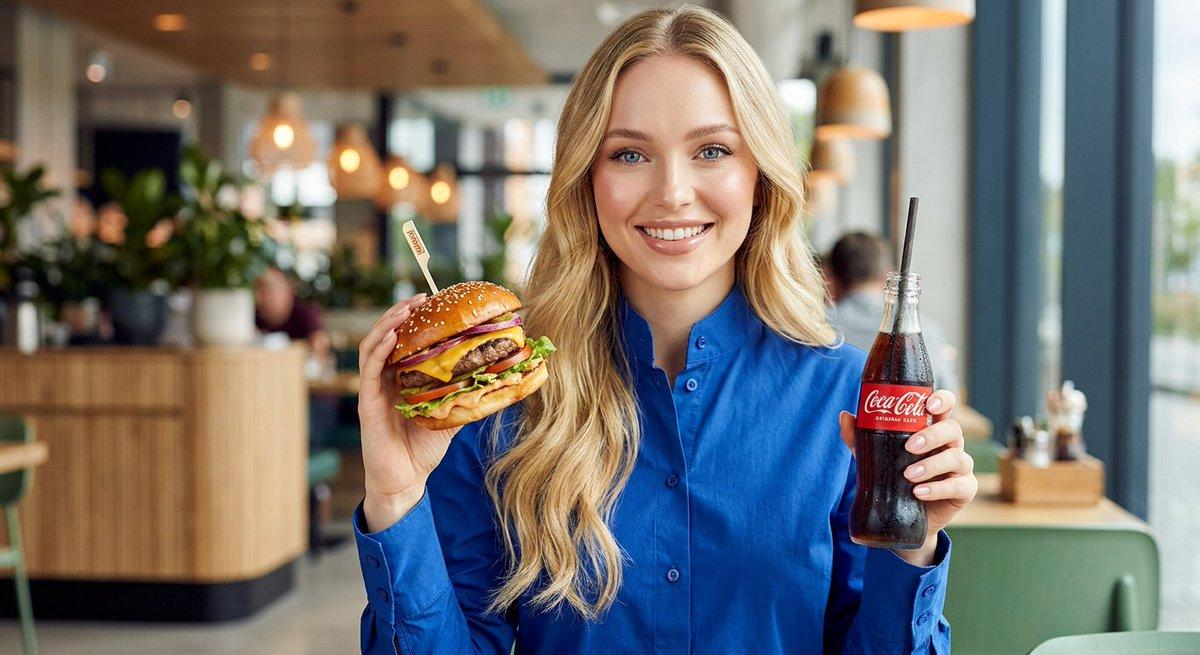 Woman enjoying fast food commercial portrait