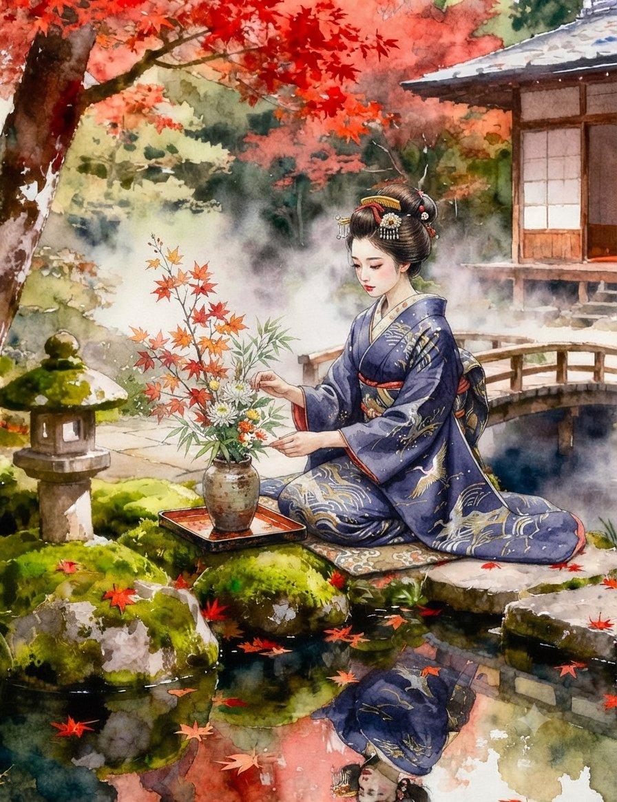 Japanese Woman Autumn Garden Kimono