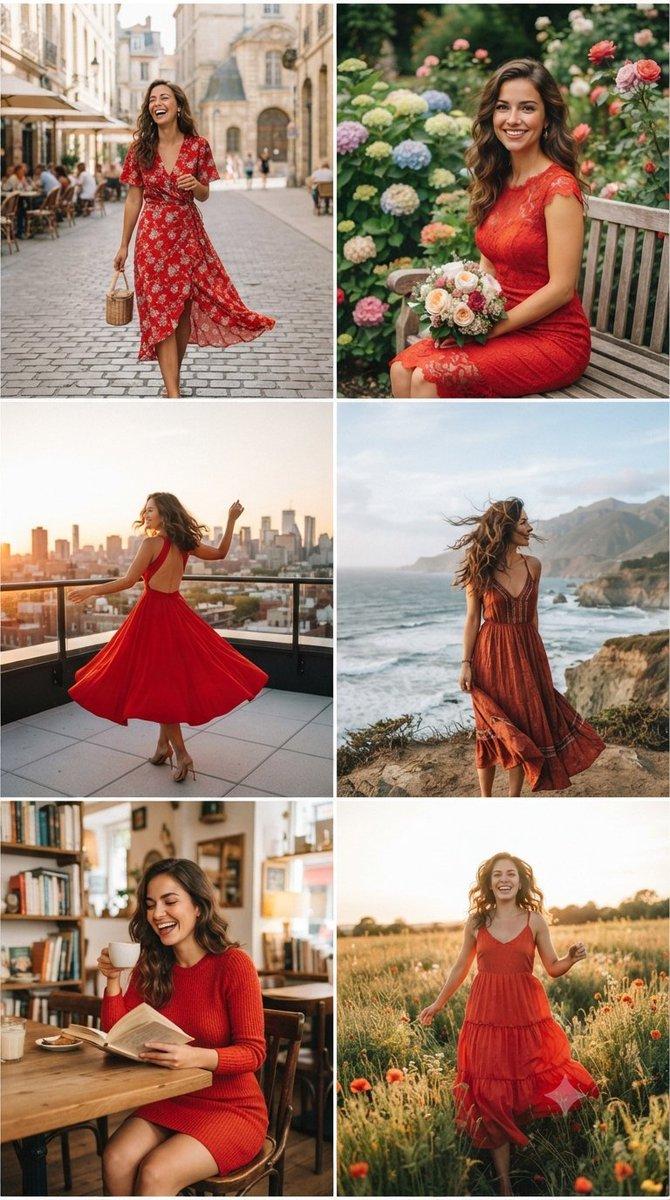 Smiling Woman in Red Dress Collage