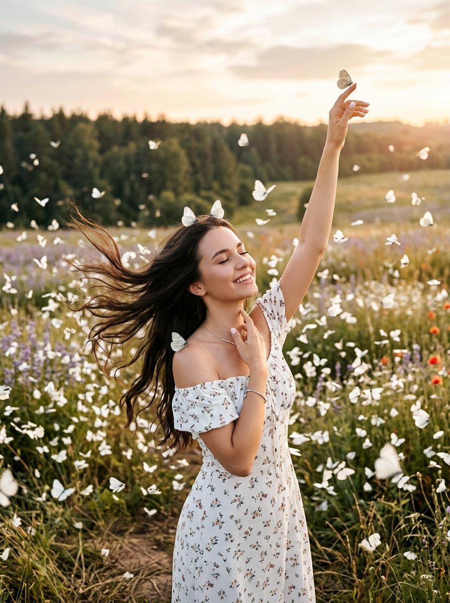 Woman with Soaring White Butterflies