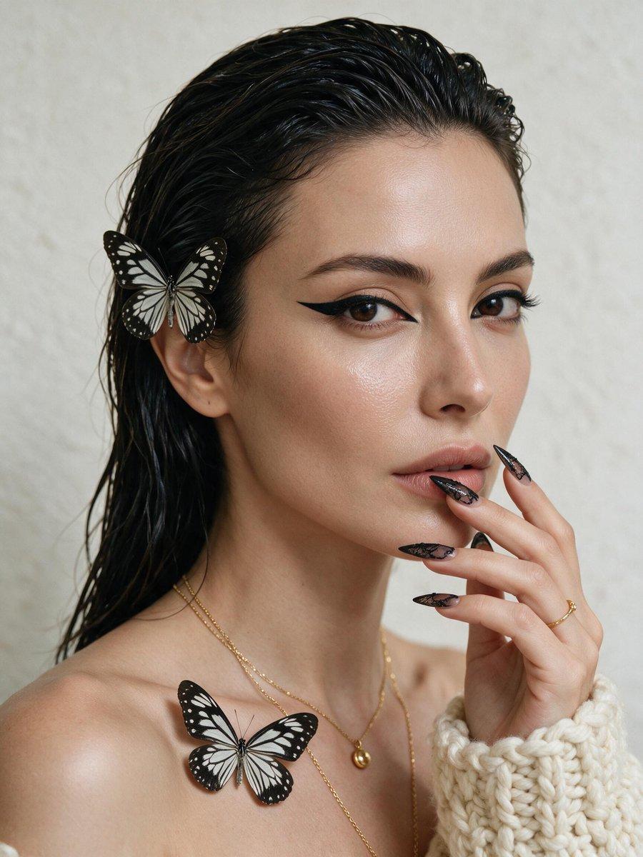 Graphic Eyeliner and Lace Nails Portrait