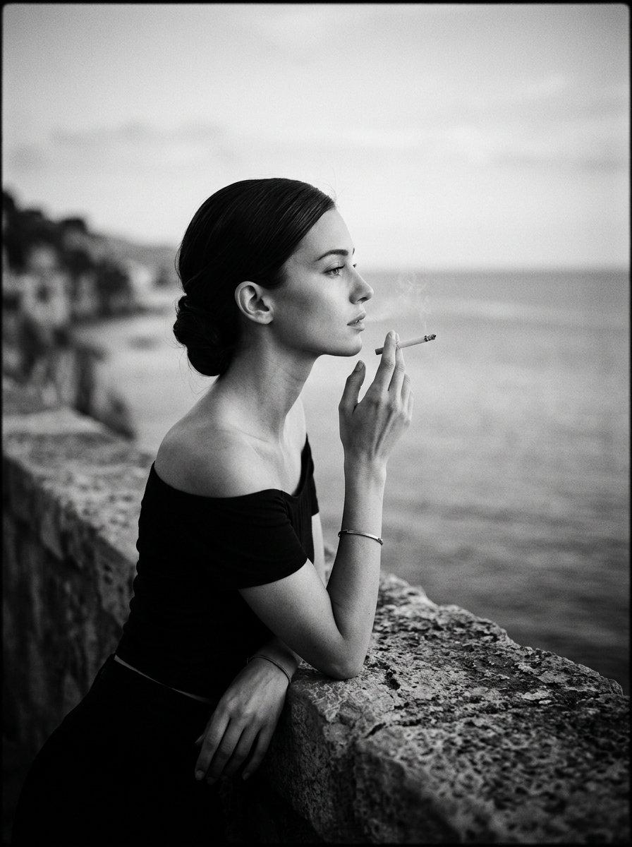 Cinematic Black and White Seashore Portrait