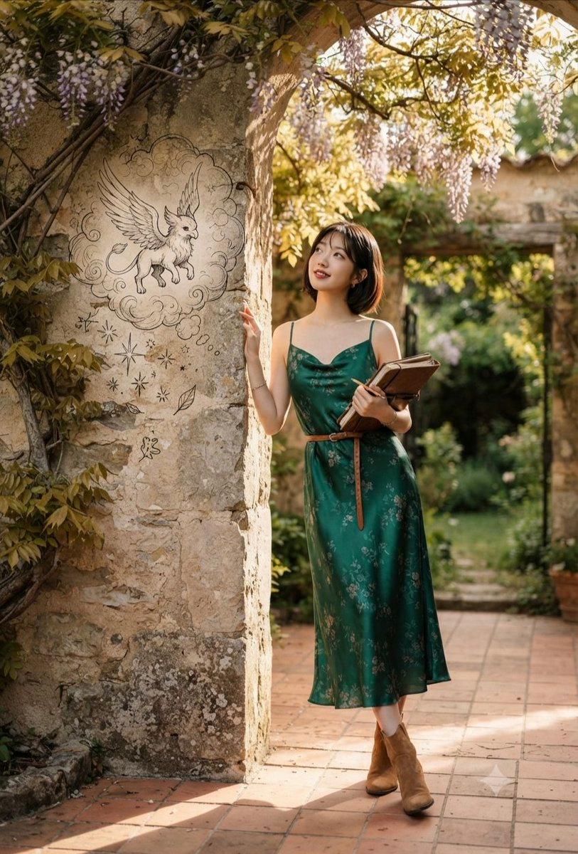 Emerald Dress Wisteria Courtyard Portrait