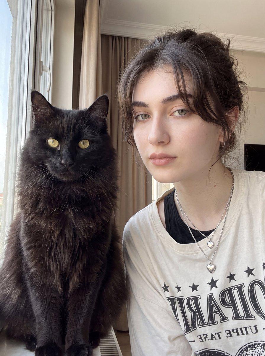 Woman with Fluffy Black Cat Portrait