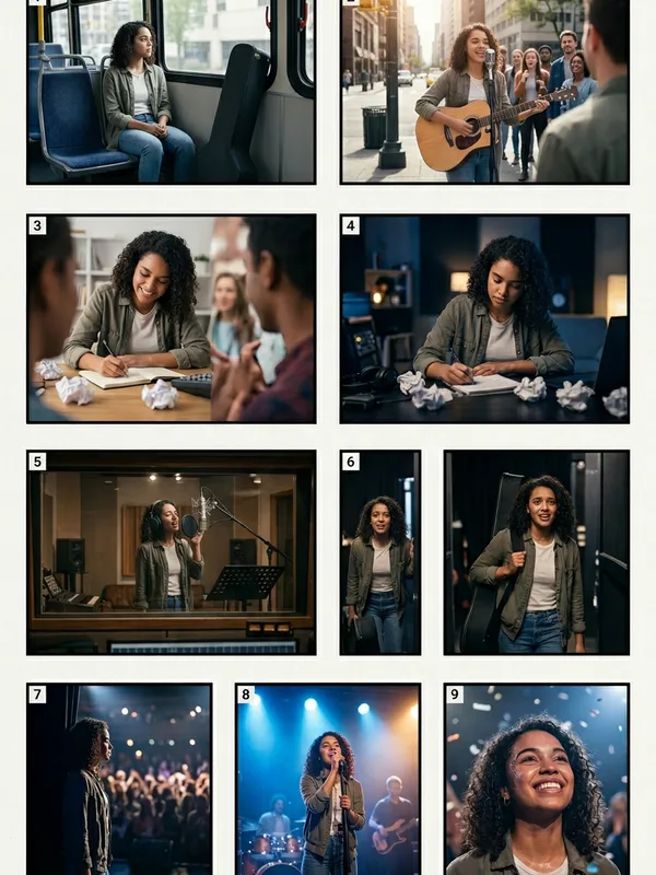 ผู้กำกับ MV จากเนื้อเพลง → สตอรีบอร์ด 3x3 + 9 พรอมต์วิดีโอ